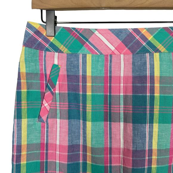 Talbots | NWT Madras Plaid Pastel Linen Blend Knee Length A-lined Skirt - Picture 4 of 8